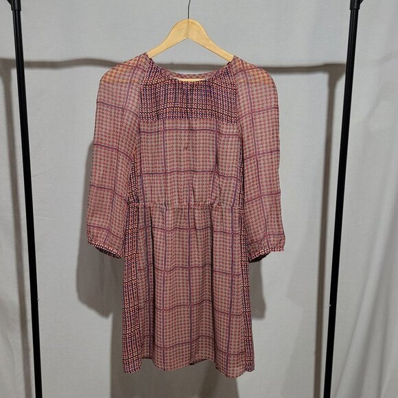 Madewell dress peasant silk sheer mini boho summer retrogrid pattern blue orange - Picture 5 of 16